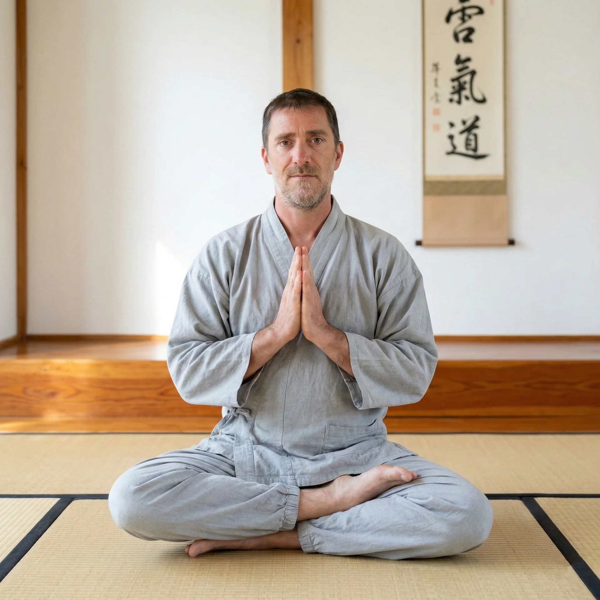 Nicolas Robert, maître enseignant Gendai Reiki Ho, en posture de méditation dans un dojo épuré et minimaliste aux Martys