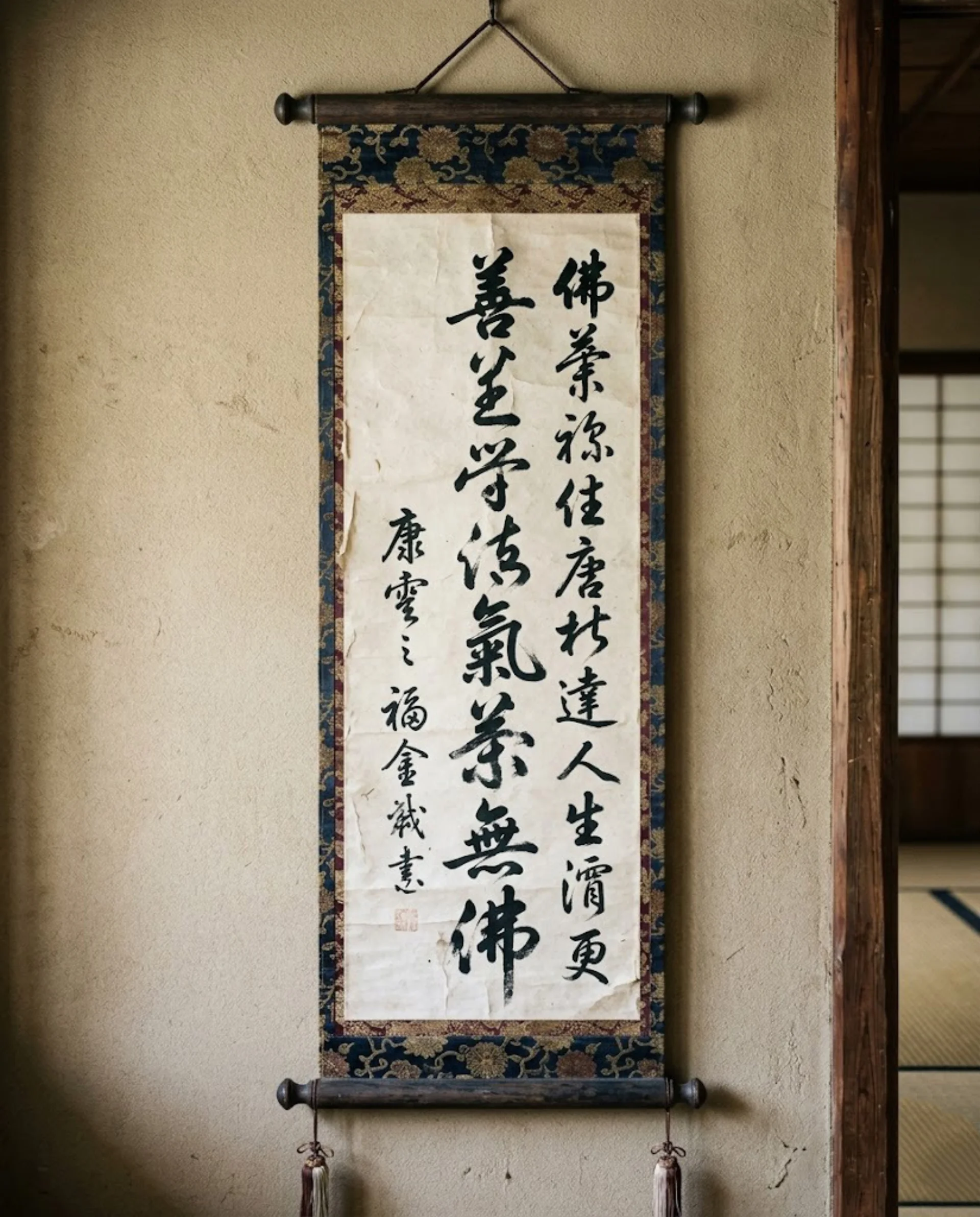 Parchemin traditionnel japonais affichant une calligraphie shodo encre noire représentant l'enseignement originel du Reiki Usui Ryoho